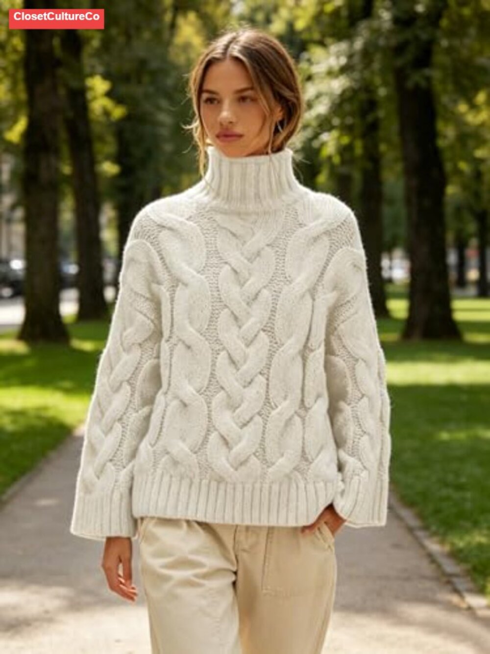 Chunky Cable Knit Turtleneck Sweater Oversized Fall Pullover - Picture 4 of 6